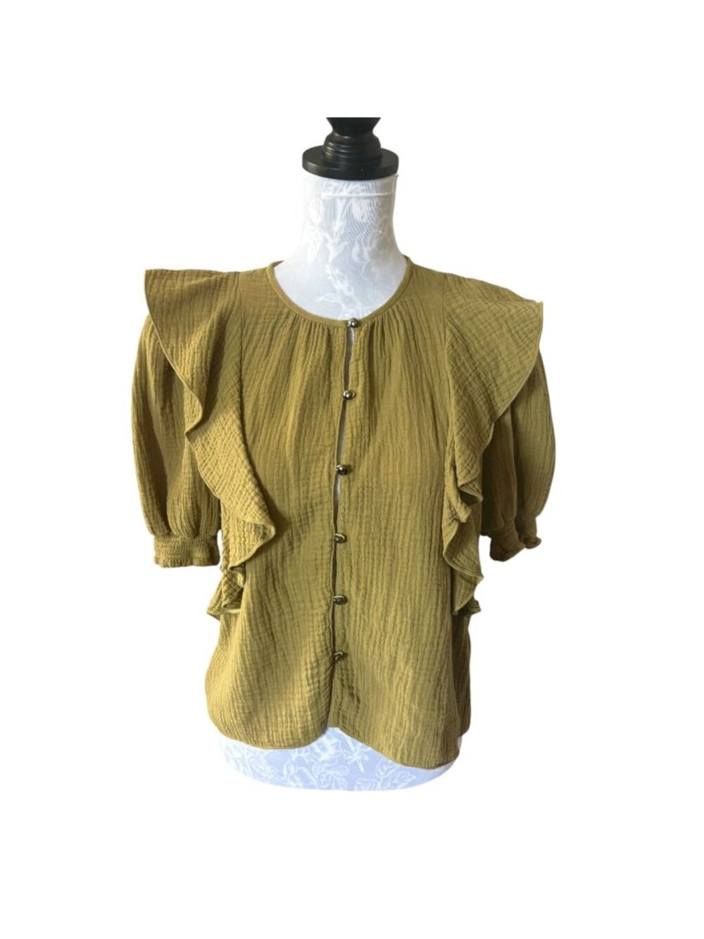 SAYLOR Alisha Blouse Womens Top Gauze Olive Green Button Down Small